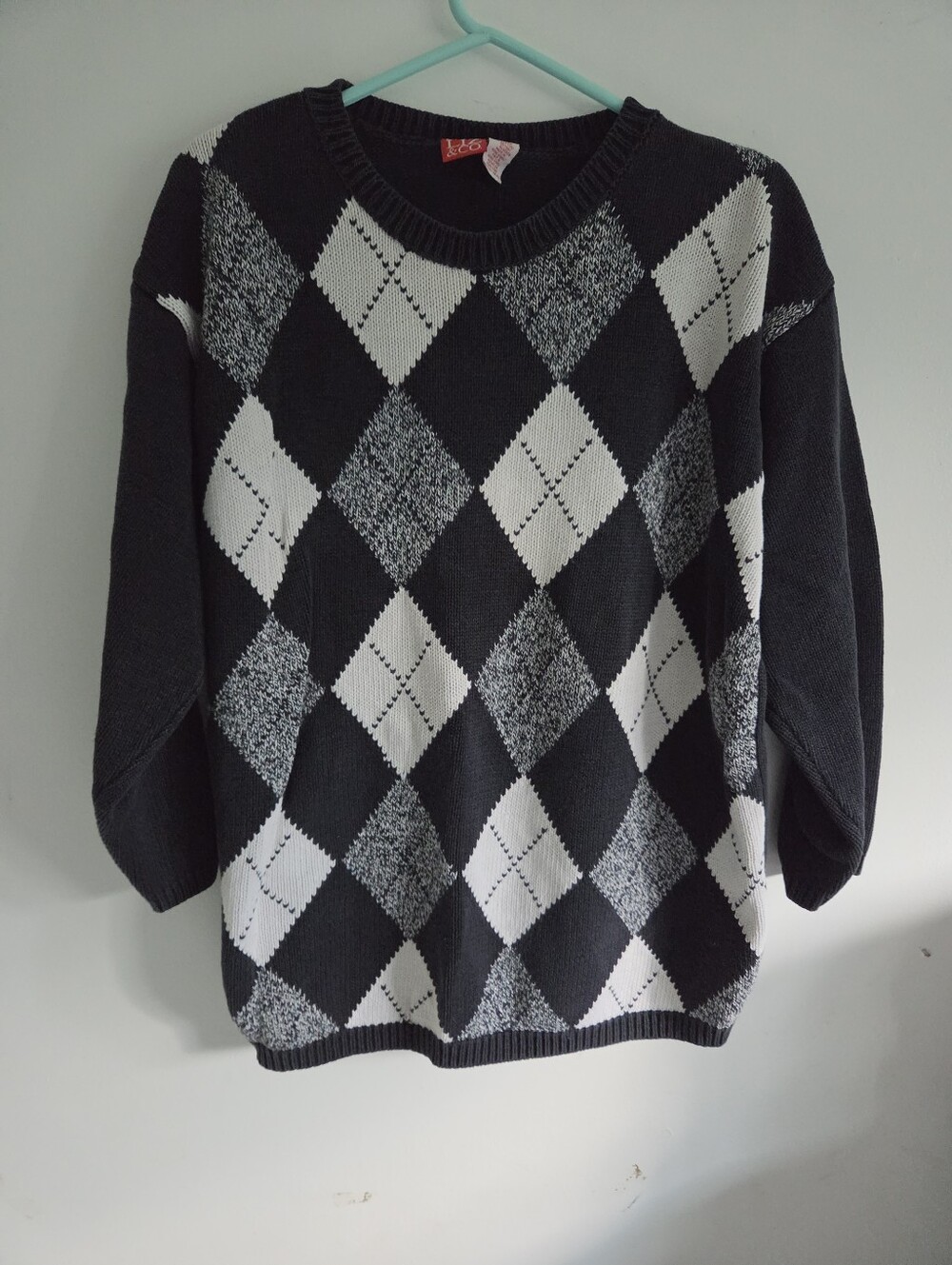 Liz & Co Black Gray White Argyle Sweater Women's Large Ramie Cotton Knit